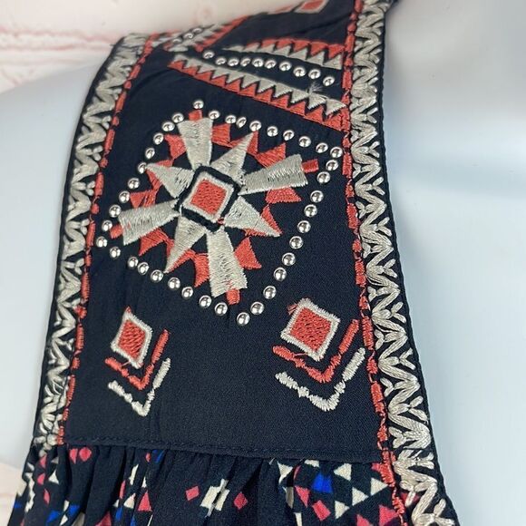 Rock ‘n’ roll cowgirl Embroidered Babydoll Western Peasant Top Navy Aztec print - Picture 6 of 11